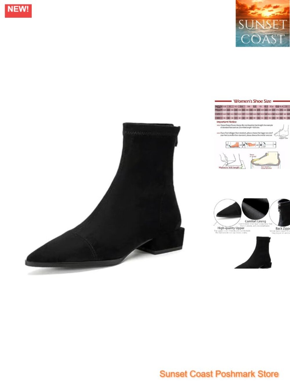 Suede Pointed Toe Ankle Boots with Back Zipper Block Heel Booties